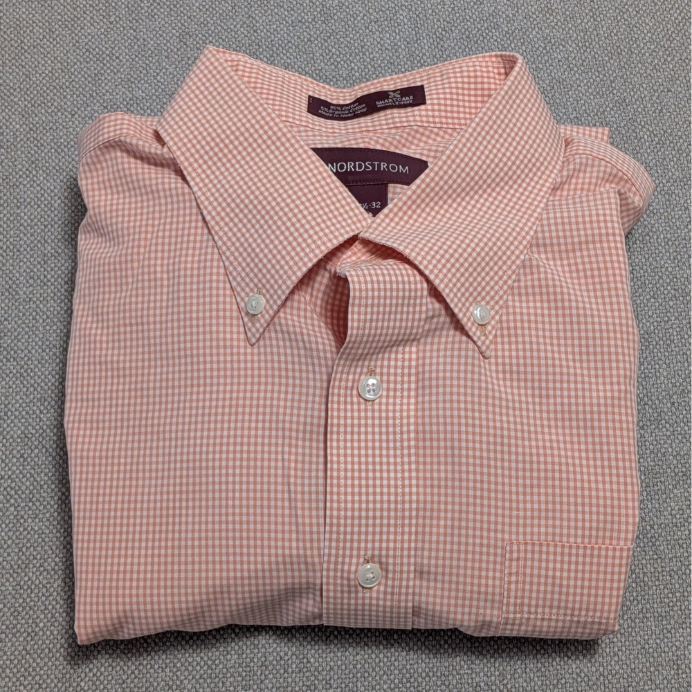 Nordstrom Men's Dress Shirt Orange Gingham 16.5 32 100% Cotton Wrinkle-Free